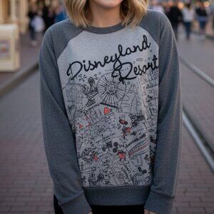 Disneyland Resort Sketch Map Raglan Sweatshirt Grey Small Mickey Mouse EUC